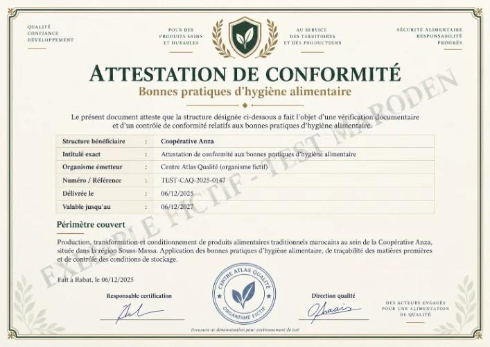 Marque de Attestation de conformité aux bonnes pratiques d’hygiène alimentaire