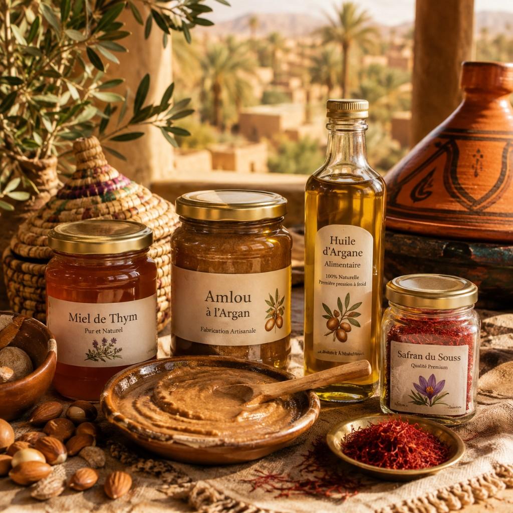 Nature morte du terroir — miel de thym, amlou à l'argan, huile d'argane et safran du Souss