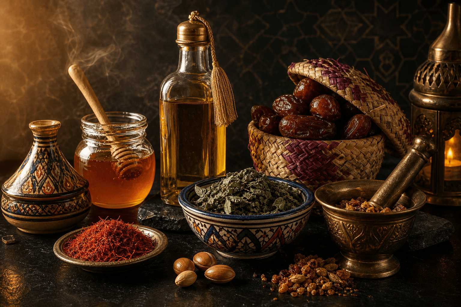 Nature morte premium de produits du terroir marocain — argan, miel, safran, dattes et poteries berbères